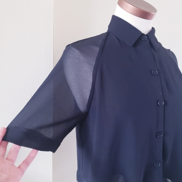 WILFRED Cropped Chiffon Button Down Short Sleeve Blouse - BLACK S - Picture 10 of 12